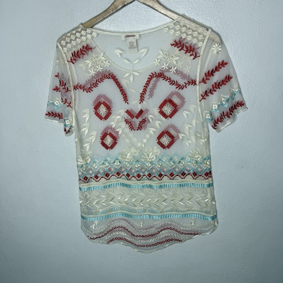 Sundance Sheer Embroidered Short Sleeve Boho Top Women's Medium Aztec Red Blue - Picture 7 of 10